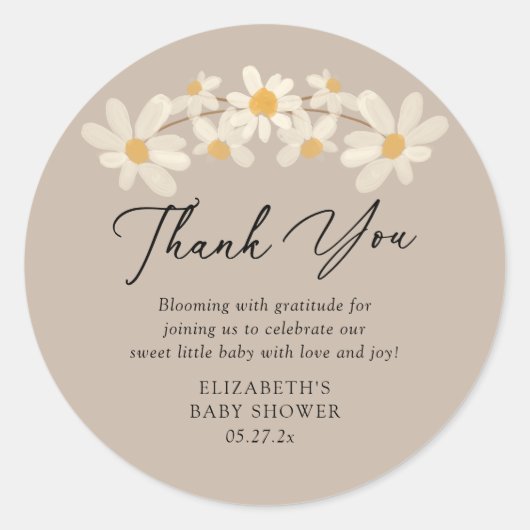 Daisy Floral Brown Babydusche Vielen Dank Runder Aufkleber (Vorderseite)