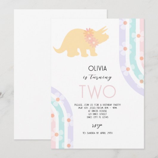 Daisy Floral Dinosaur Einladung (Vorne/Hinten)