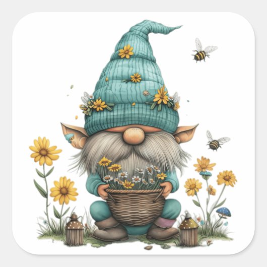 Daisy Floral Gnome Quadratischer Aufkleber (Vorderseite)
