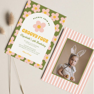 Daisy Floral Green pink Groovy Girl Birthday Einladung