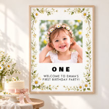 Daisy Floral Photo 1st Birthday Welcome Poster