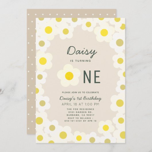 Daisy Floral Taupe 1. Geburtstag Einladung (Vorne/Hinten)