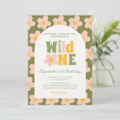 Daisy Floral Wild One Green pink Girl 1. Geburtsta Einladung (Stehend Vorderseite)