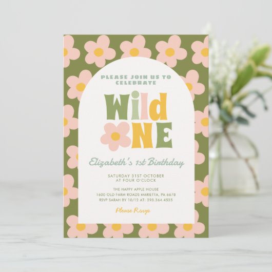 Daisy Floral Wild One Green pink Girl 1. Geburtsta Einladung (Stehend Vorderseite)