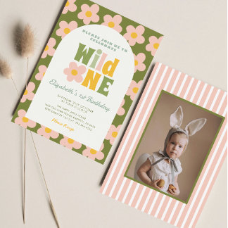 Daisy Floral Wild One Green pink Girl 1. Geburtsta Einladung