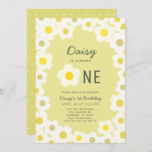 Daisy Floral Yellow 1. Geburtstag Einladung (Vorne/Hinten)
