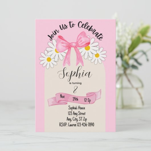 Daisy Flower and Bow Birthday Invitation Einladung (Stehend Vorderseite)