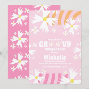 Daisy Flower Groovy Baby Shower Pink Orange I Karte