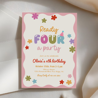 Daisy Flowers Colorful 4th Birthday Party Einladung