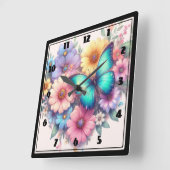 Daisy Flowers with a Beautiful Butterfly Quadratische Wanduhr (Winkel)