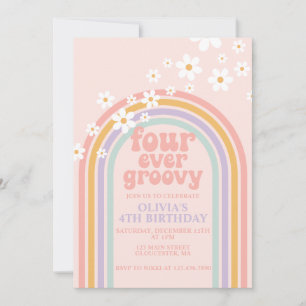 Daisy Four Ever Groovy Pastel Regenbogen 4. Geburt Einladung