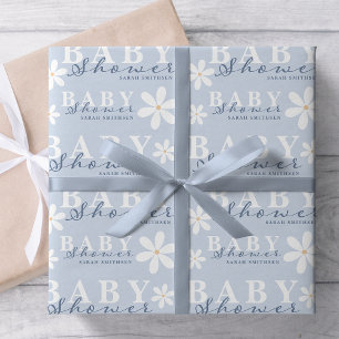 Daisy Garden Baby Shower Dusty Blue Geschenkpapier
