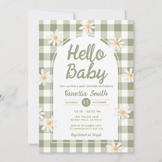 Daisy Gingham Hello Baby Shower Einladung (Vorderseite)