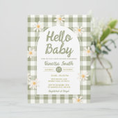 Daisy Gingham Hello Baby Shower Einladung (Stehend Vorderseite)