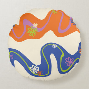 Daisy Groove Blau, Orange, Lila, Grün und Creme Rundes Kissen
