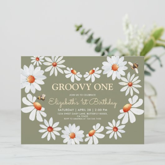 Daisy Groovy One 1. Geburtstag Einladung (Stehend Vorderseite)