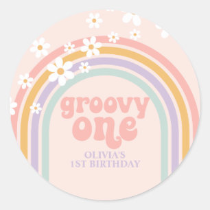 Daisy Groovy One Pastel Regenbogen erster Geburtst Runder Aufkleber