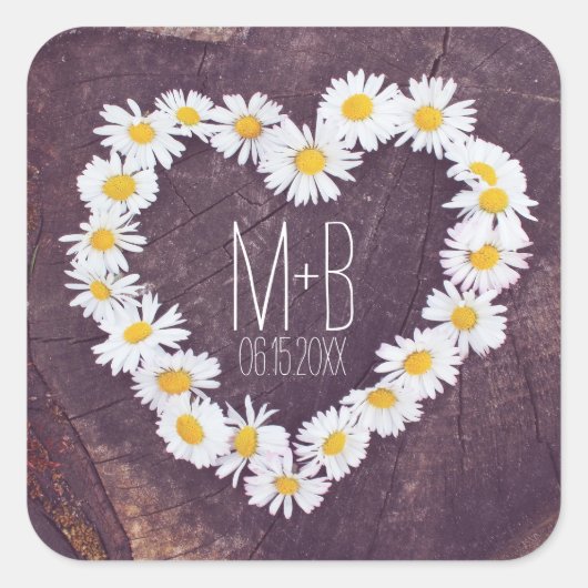 Daisy Heart Rustic Custom Wedding Favor Stickers (Vorderseite)