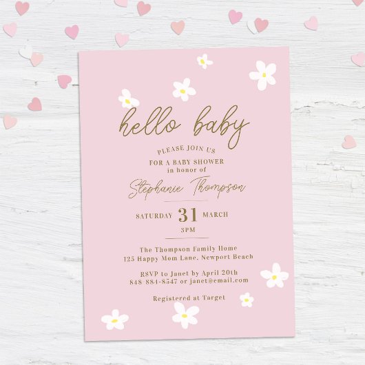 Daisy Hello Baby Spring Pink Elegante Girl Dusche Einladung