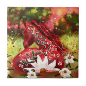 Daisy Horse Abstrakt Art Red White Green Fliese (Vorderseite)