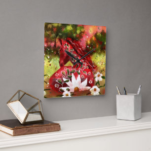 Daisy Horse Abstrakt Art Red White Green Quadratische Wanduhr