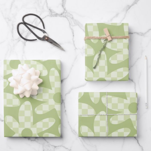 Daisy Karo Sage Green Retro Modernes Muster Geschenkpapier Set (Vorderseite)