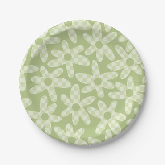 Daisy Karo Sage Green Retro Modernes Muster Pappteller (Vorderseite)
