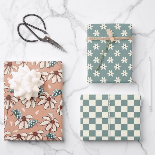 Daisy Ladybug und Checkerboard Geschenkpapier Set (Vorderseite)