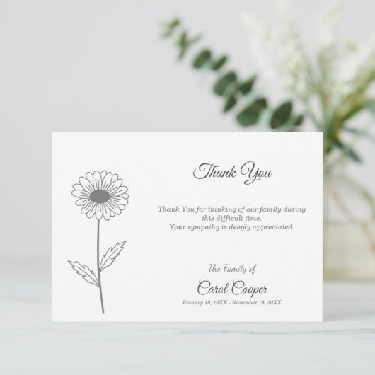 Daisy Line Art Beerdigung Danke Note Card (Stehend Vorderseite)