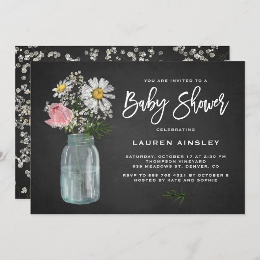 Daisy Mason Jar Rustic Chalkboard Baby Shower Einladung (Vorne/Hinten)