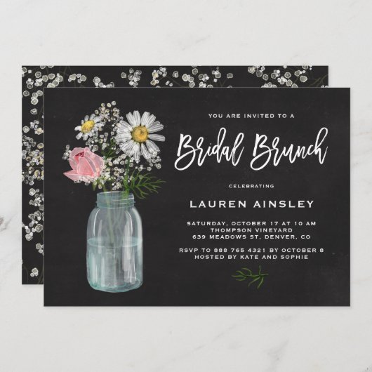 Daisy Mason Jar Rustic Chalkboard Bridal Brunch Einladung (Vorne/Hinten)