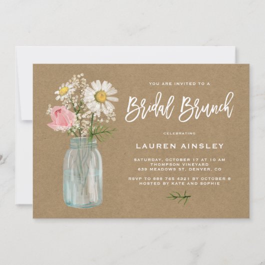 Daisy Mason Jar Rustic Kraft Paper Bridal Brunch Einladung (Vorderseite)