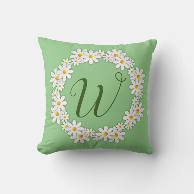Daisy Monogram Green Throw Kissen mit Daisis (Vorderseite)