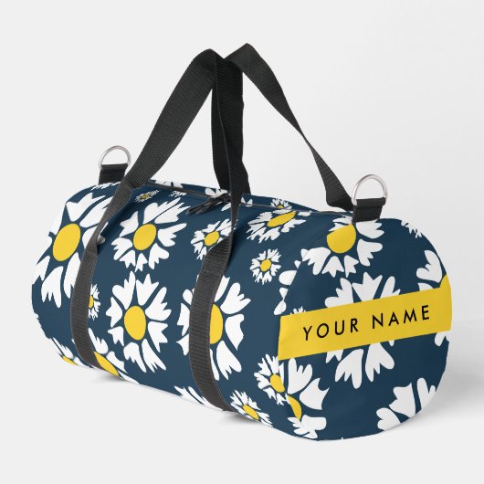 Daisy Muster, White Daisies, Ihr Name Duffle Bag (Linke Seite)