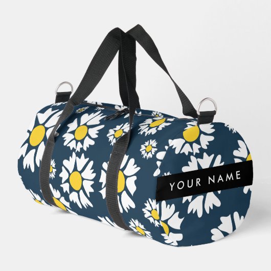 Daisy Muster, White Daisies, Ihr Name Duffle Bag (Linke Seite)