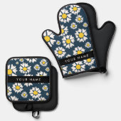 Daisy Muster, White Daisies, Ihr Name Ofenhandschuh & Topflappen-Set (Vorderseite/Rückseite)