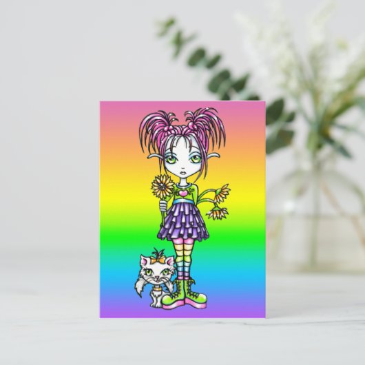 "Daisy" Niedliche Cat Rainbow Blume Kinderkarte Postkarte (Stehend Vorderseite)