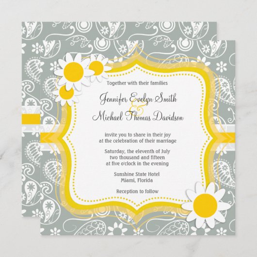 Daisy on Ash Gray; Gray Paisley Einladung (Vorne/Hinten)