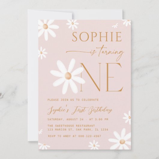 Daisy One Floral Pink 1. Geburtstag Einladung (Vorderseite)