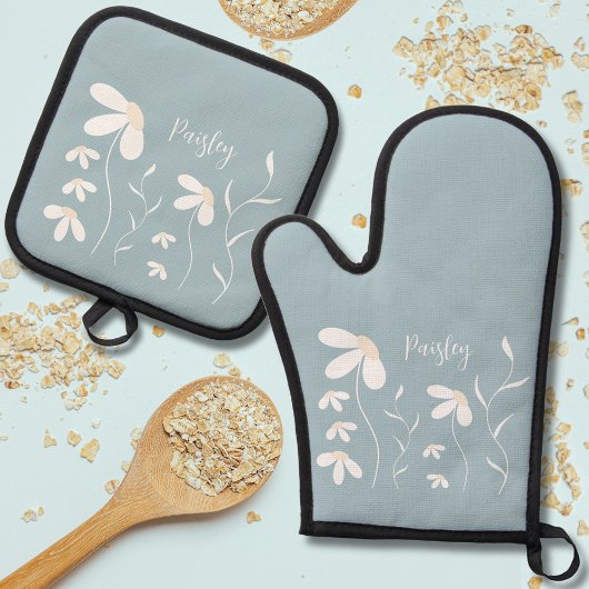 Daisy Oven Mitt & Pot Holder Set - Blumengrün