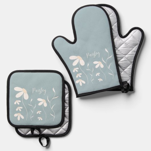 Daisy Oven Mitt & Pot Holder Set - Blumengrün (Vorderseite/Rückseite)