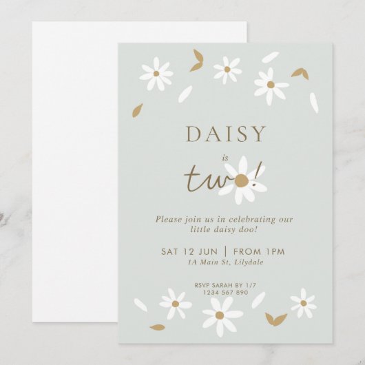 Daisy Party 2. Geburtstag Einladung - Sage (Vorne/Hinten)