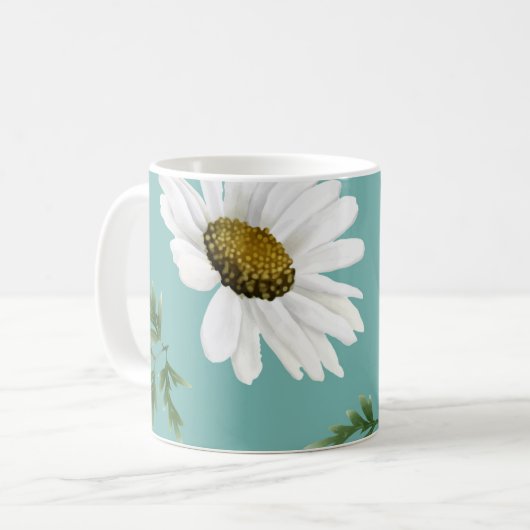 Daisy Pattern, Aquamariner Hintergrund Kaffeetasse (Vorderseite Links)