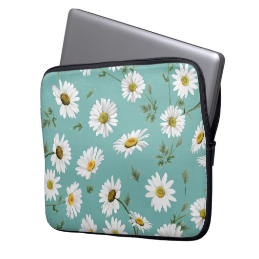 Daisy Pattern, Aquamariner Hintergrund Laptopschutzhülle (Vorderseite Links)
