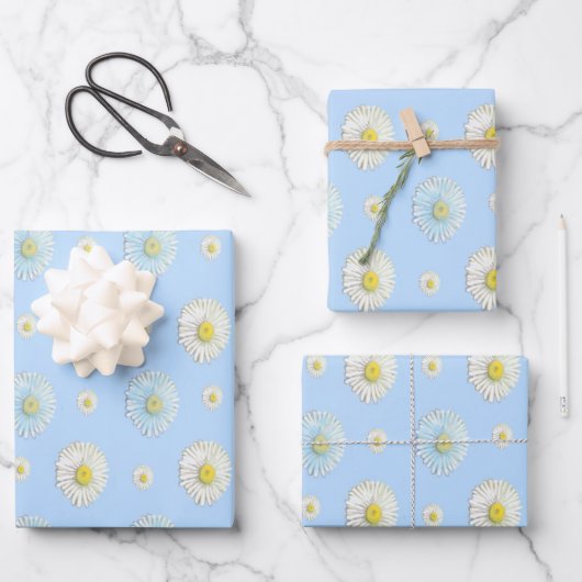 Daisy Pattern auf hellblauem Hintergrund Geschenkpapier Set (Vorderseite)