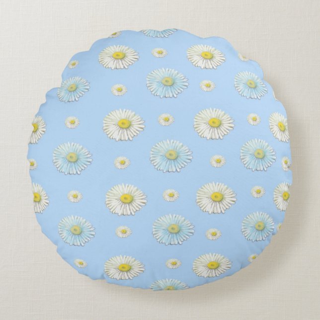 Daisy Pattern auf hellblauem Hintergrund Rundes Kissen (Vorderseite)