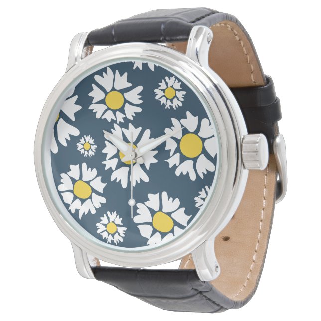 Daisy Pattern, Blumenmuster, weiße Daisien Armbanduhr (Schrägansicht)