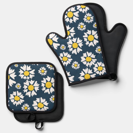 Daisy Pattern, Blumenmuster, weiße Daisien Ofenhandschuh & Topflappen-Set (Vorderseite/Rückseite)