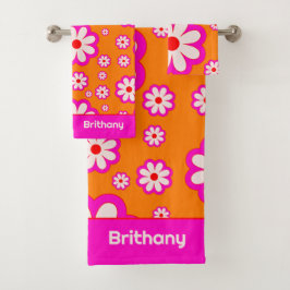 Daisy Pattern Pink & Orange 70er Retro Blumenname Badhandtuch Set