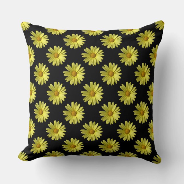 Daisy Pattern - Vollfarbigkeit auf schwarz Kissen (Vorderseite)